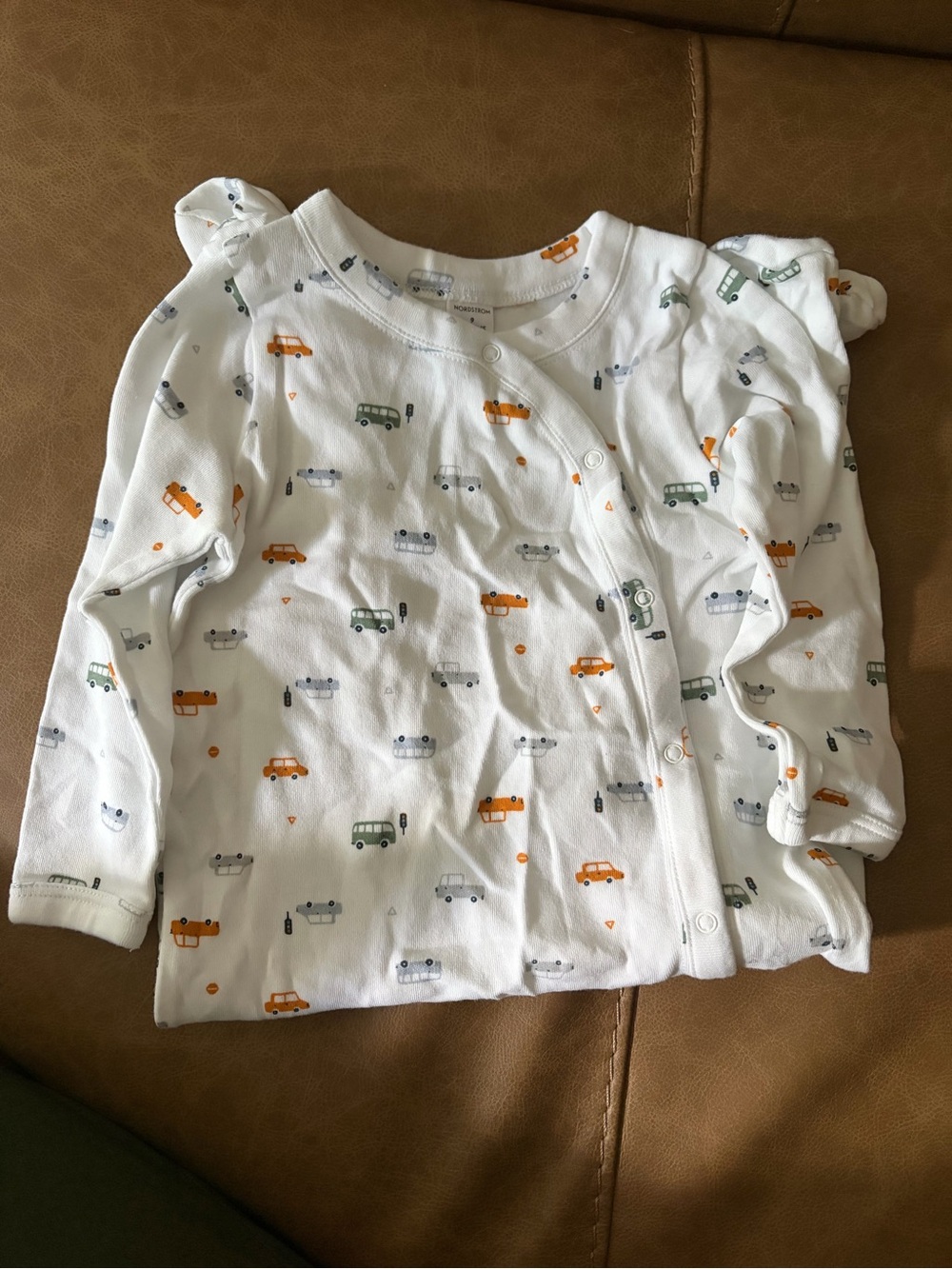Nordstrom White Long-Sleeve Kids Tee with Orange & Green Car Print